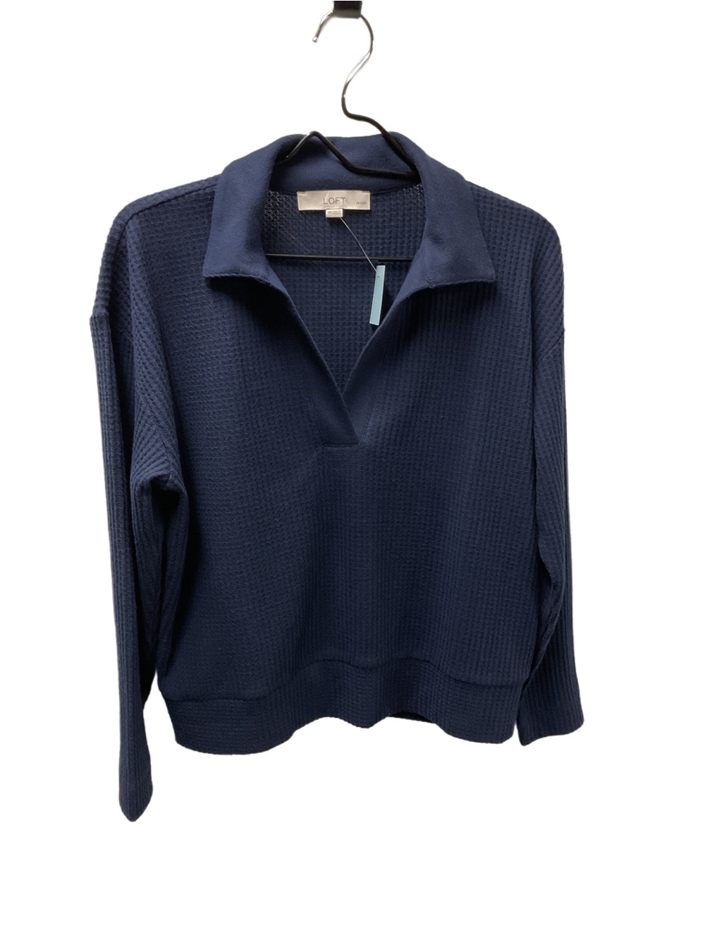 LOFT Navy Waffle-Knit V-Neck Collar Sweater